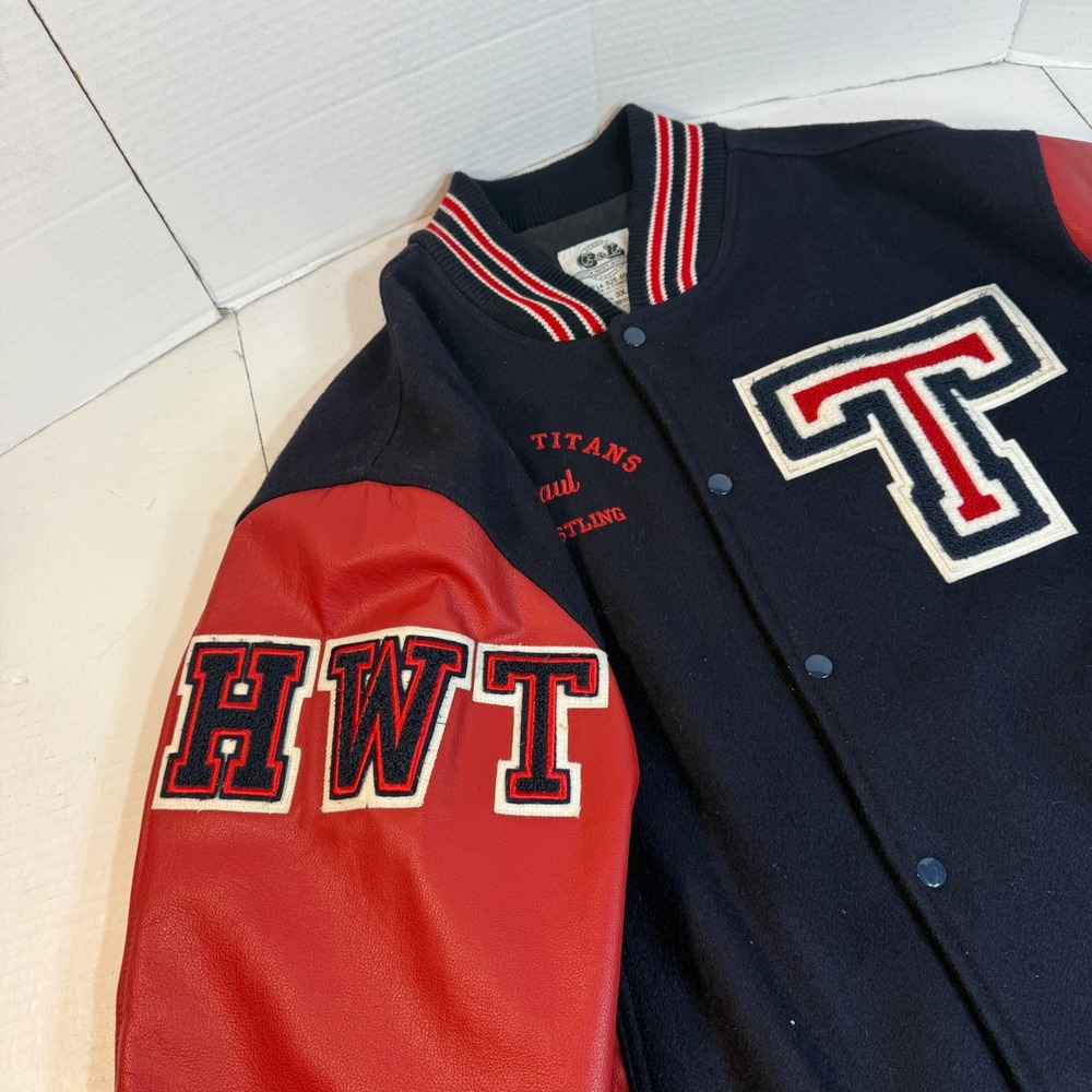 Letterman Jacket 3XL Leather wool Varsity Y2K Patch authentic red blue Wrestling - Picture 4 of 16